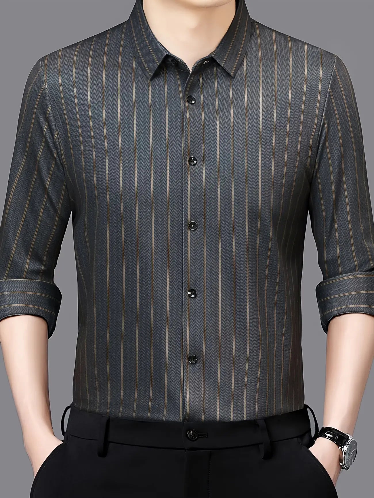 Jiskavi charcoal slate herringbone gold stripe slim fit full sleeve formal shirt — full body view