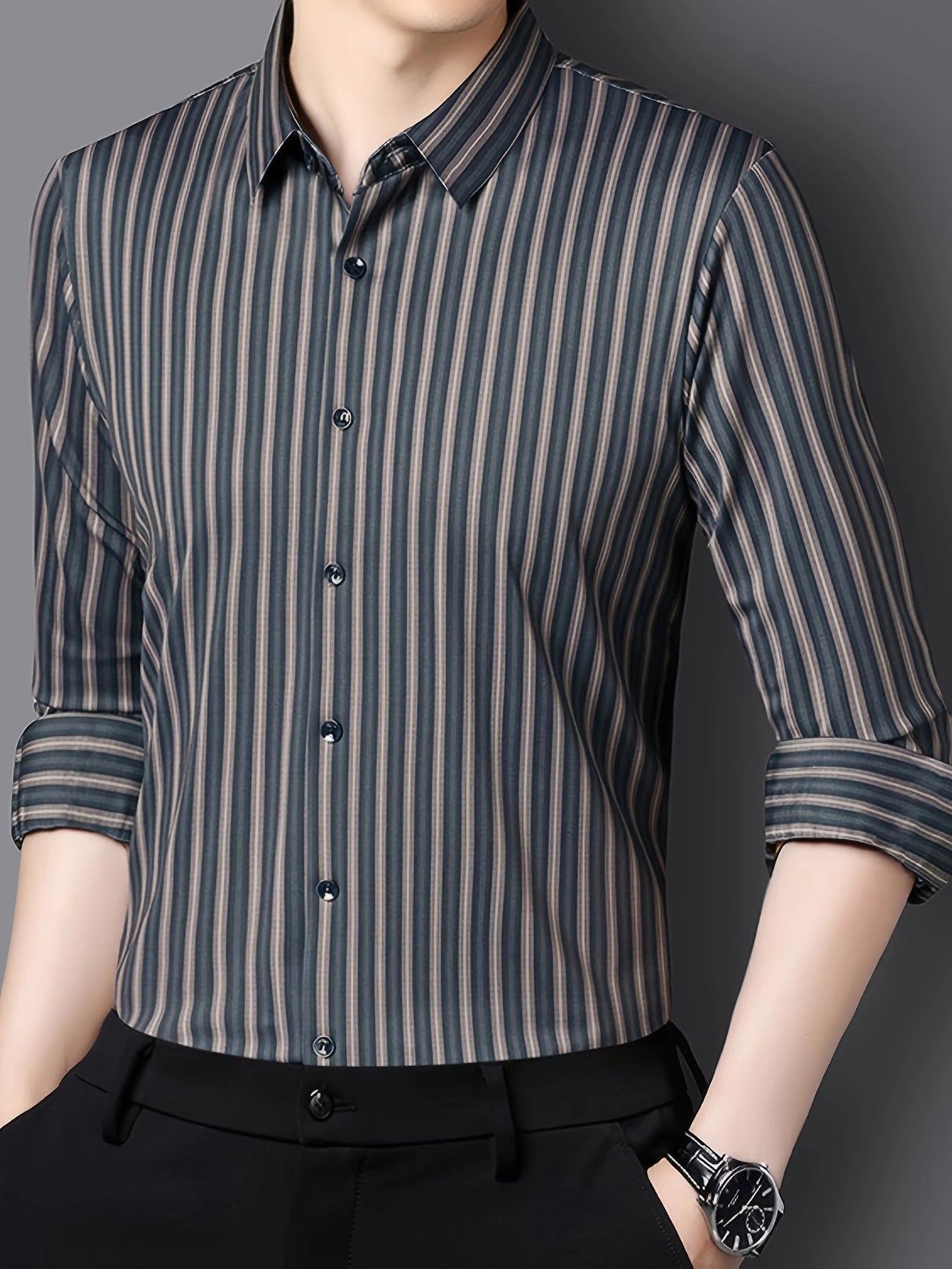 Jiskavi Charcoal Navy Slim Fit Stripe Shirt – Full Body View