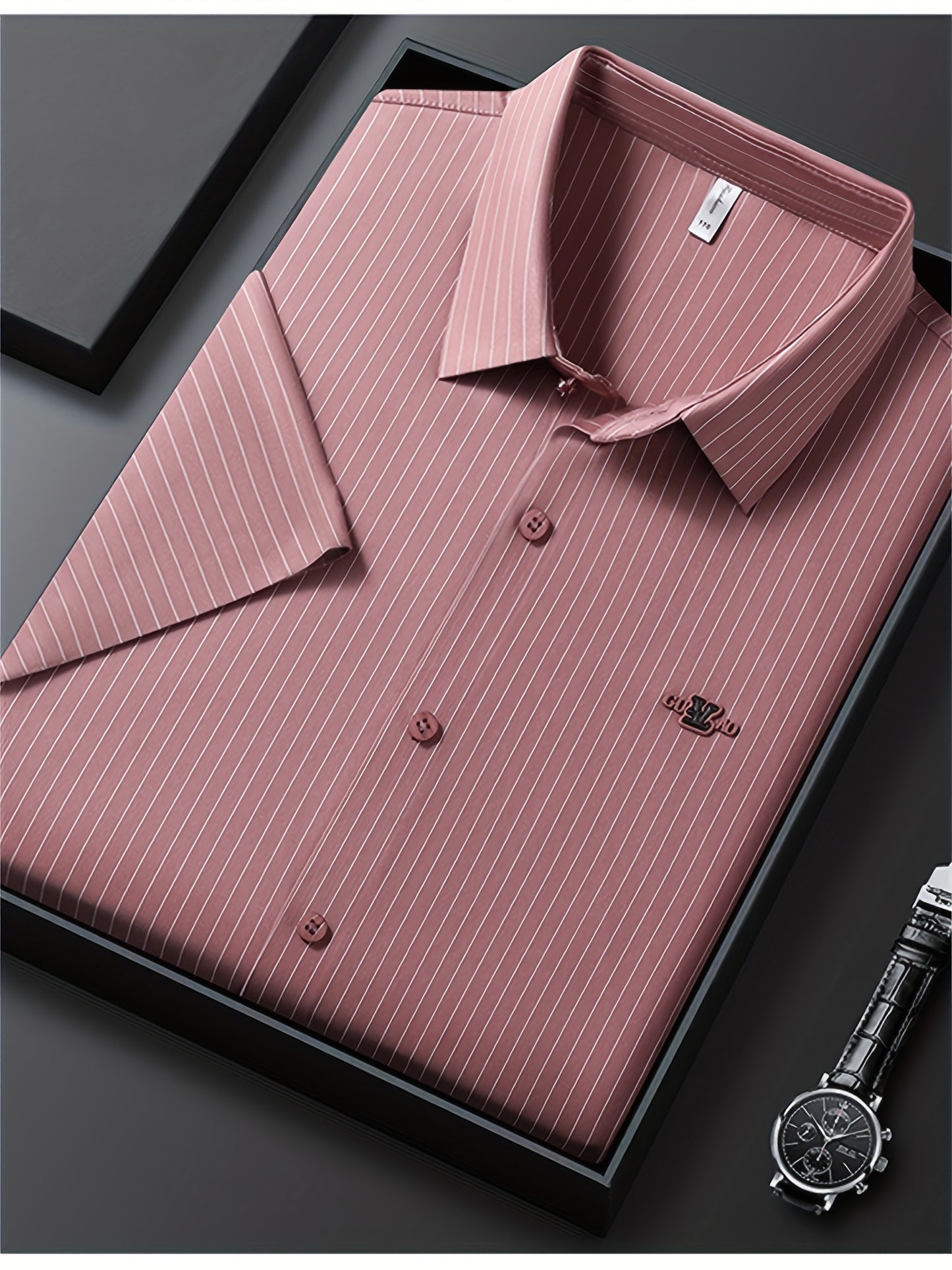Jiskavi dusty rose vertical stripe half sleeve slim fit shirt — premium flat lay presentation in gift box