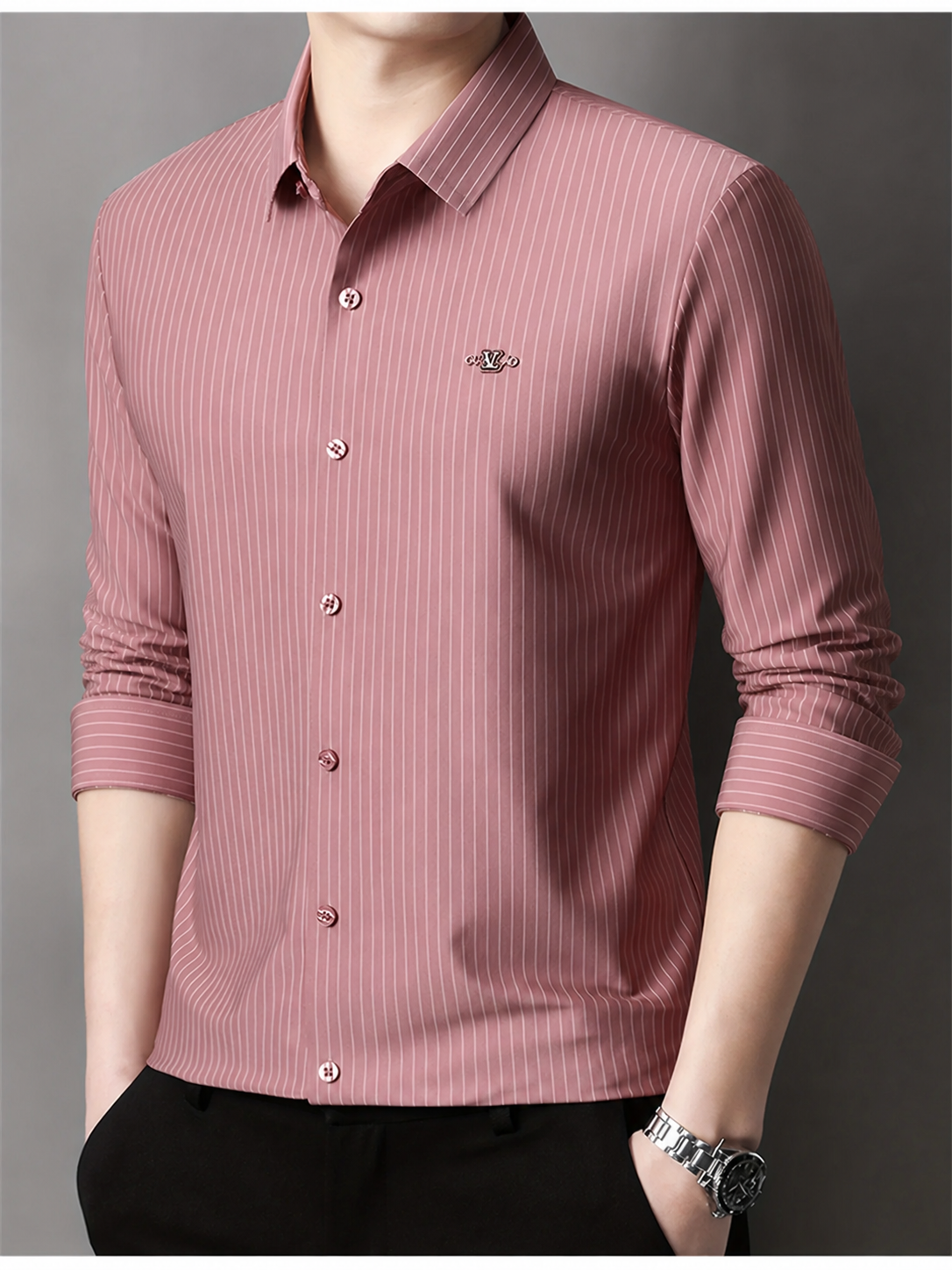 Jiskavi dusty rose striped men’s formal shirt in premium stretch cotton blend styled with black trousers