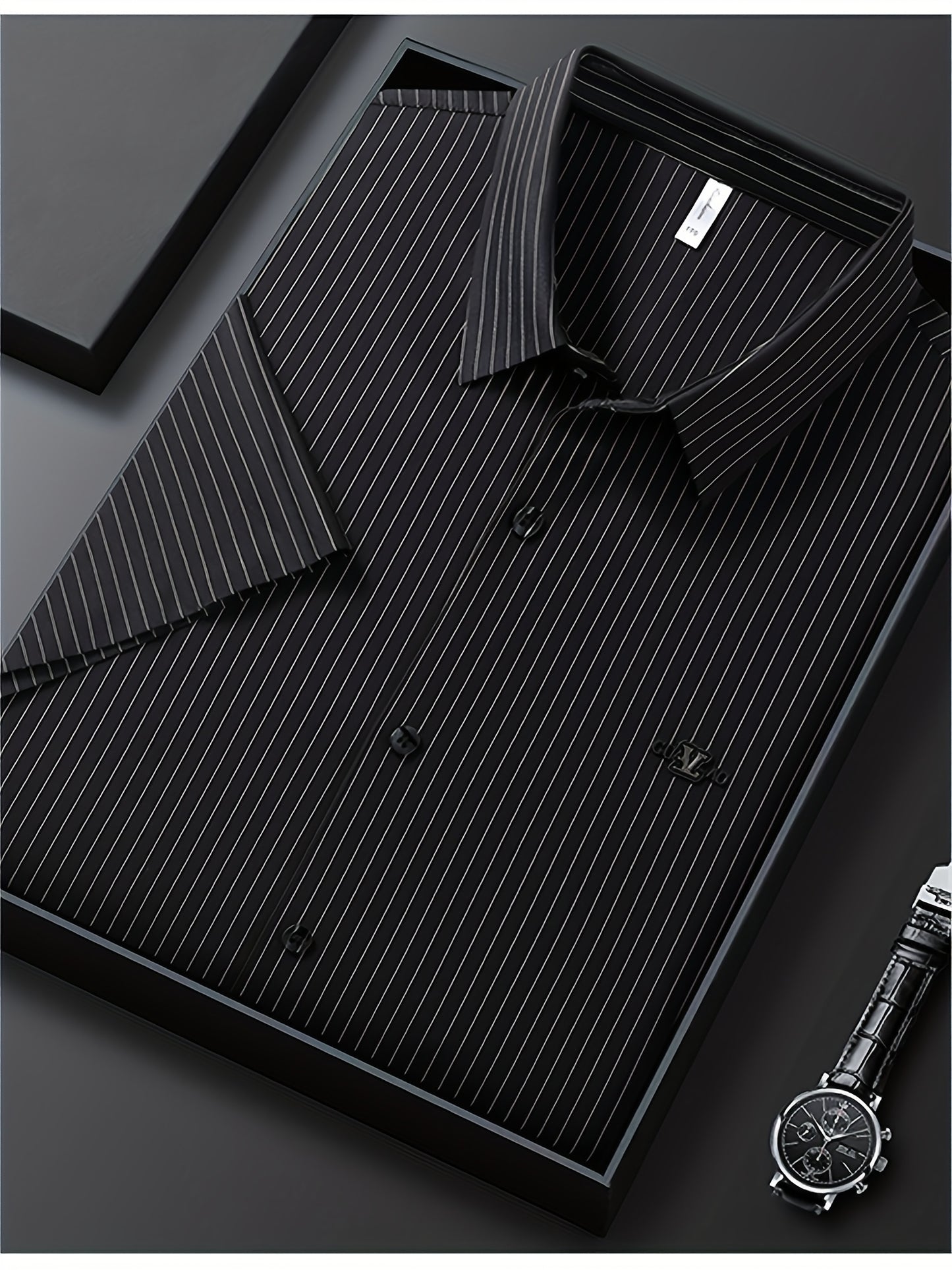 Jiskavi jet black silver pinstripe half sleeve slim fit shirt — premium flat lay presentation in gift box