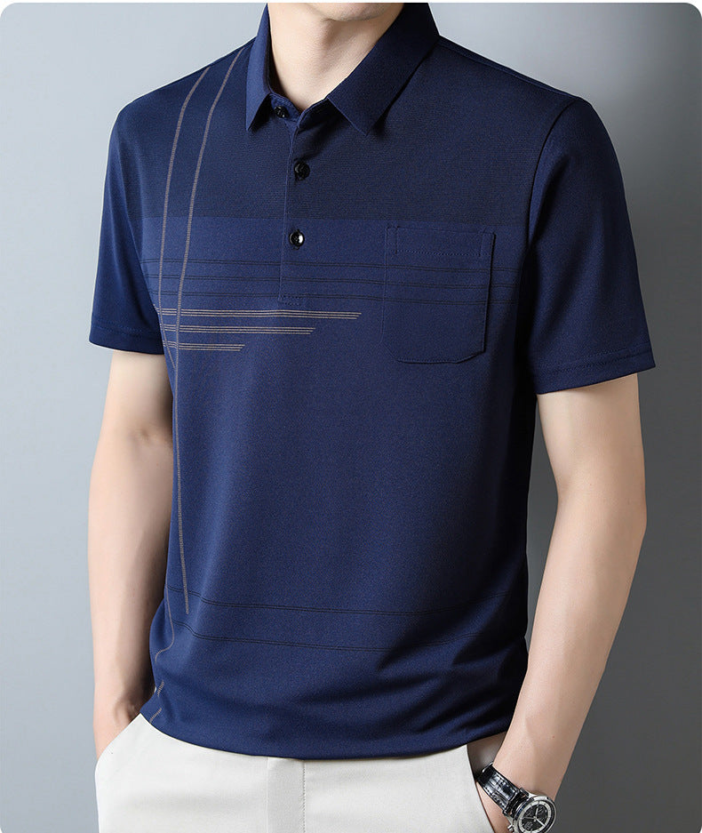 Jiskavi men's navy blue linear stripe polo T-shirt view 2