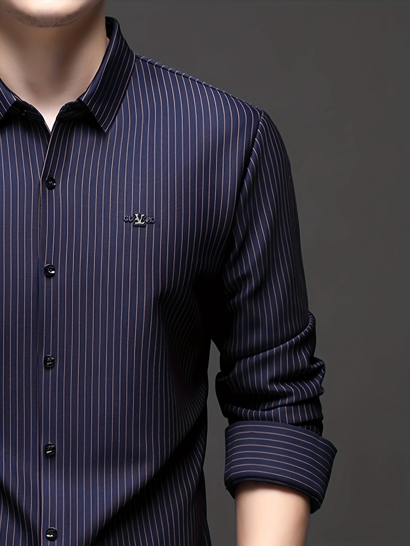 Jiskavi midnight navy pinstripe formal shirt — metal emblem badge on left chest clean front panel