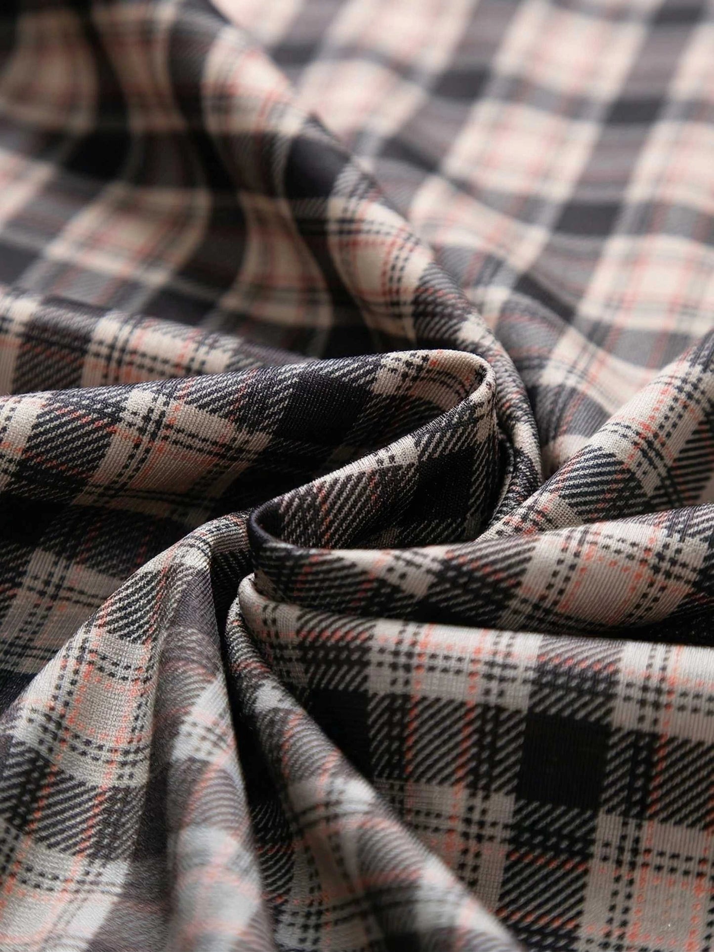 Jiskavi premium stretch cotton sandstone heritage tartan fabric macro — camel charcoal brick red check