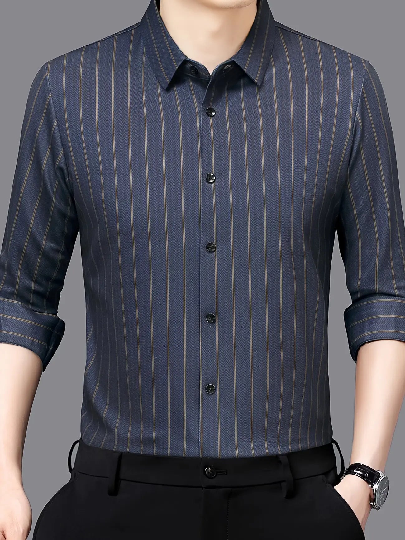 Jiskavi slate blue grey herringbone gold stripe slim fit full sleeve formal shirt — full body view
