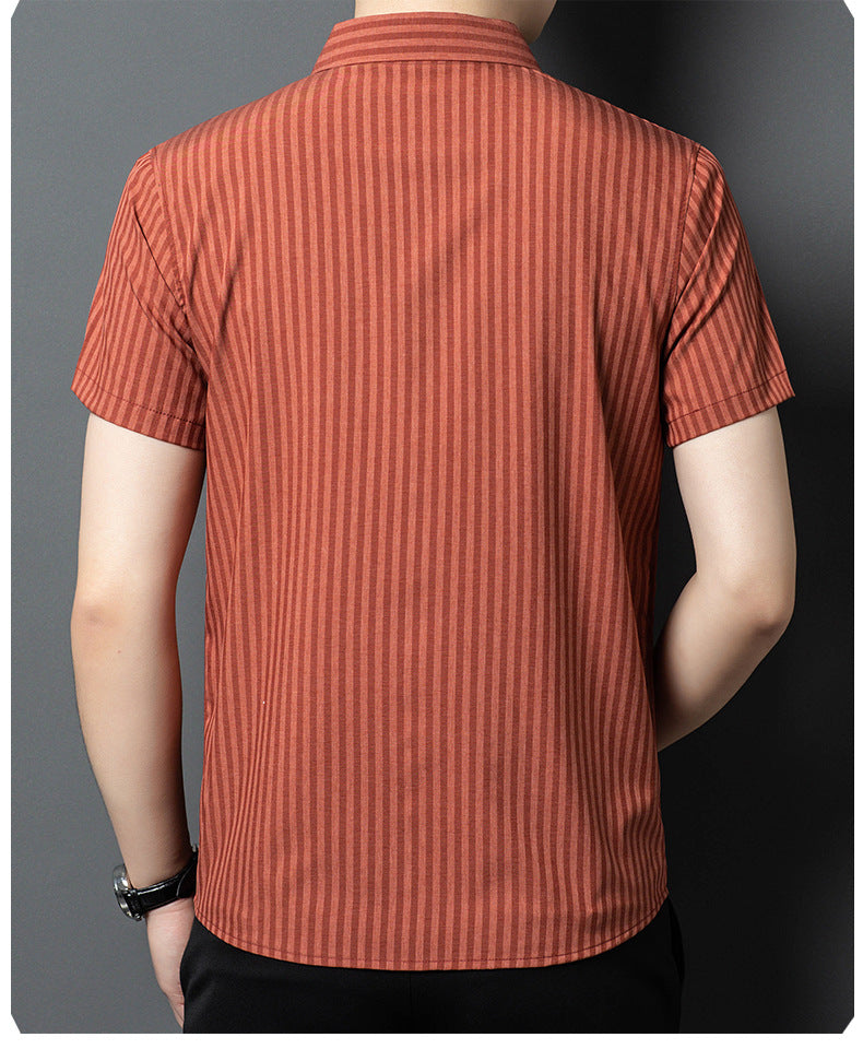 Jiskavi men's terracotta rust pinstripe linen-feel shirt back view