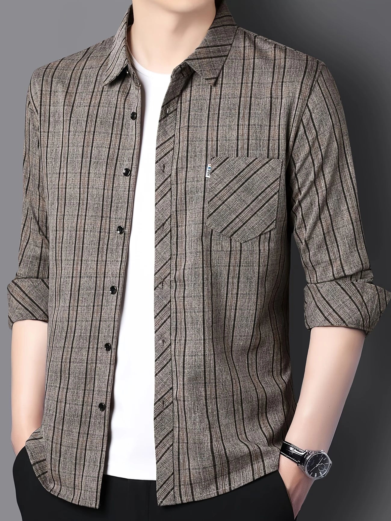Jiskavi Warm Khaki Stripe Shirt – Open Layer Style over White Tee