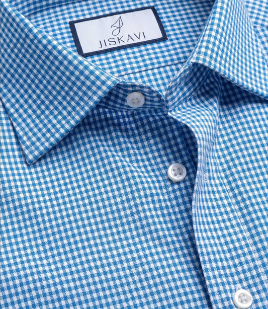 Azure Blue Micro Gingham Check Slim Fit Shirt
