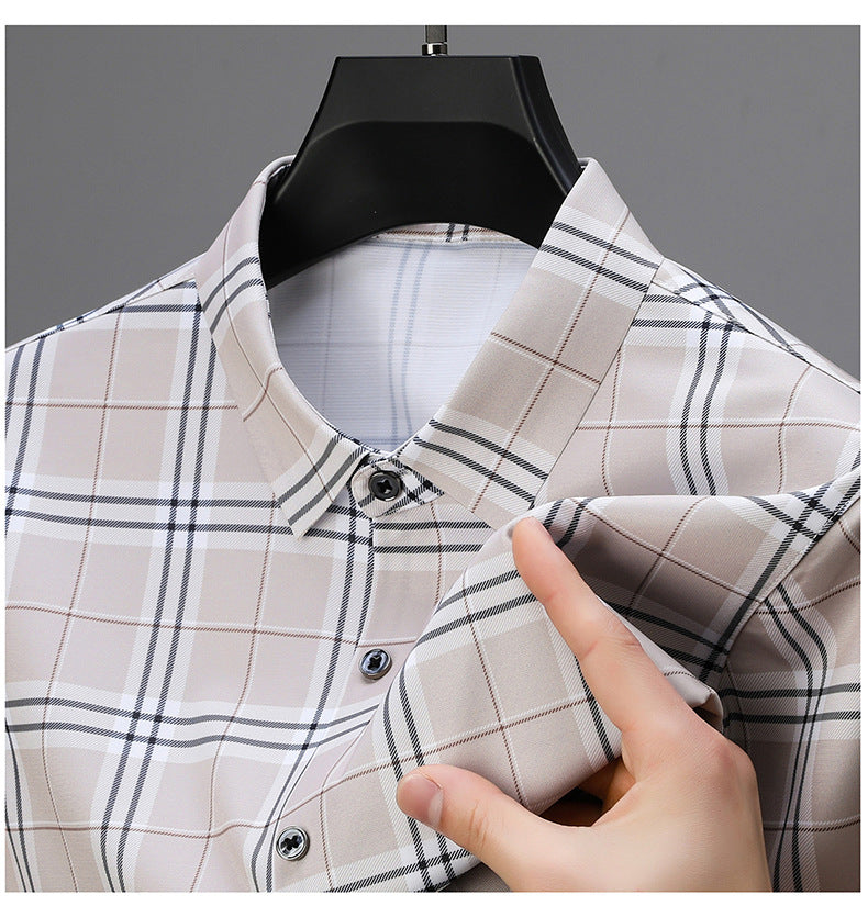 Warm Beige Heritage Plaid Slim Fit Half Sleeve Shirt