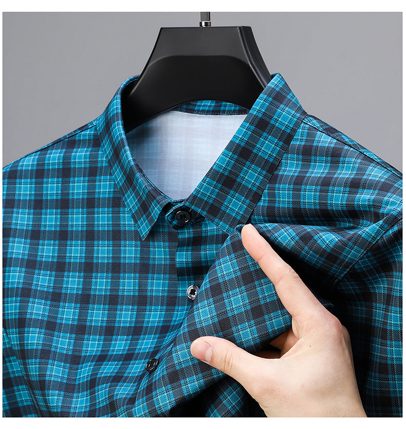 Peacock Teal Plaid Slim Fit Half Sleeve Stretch Shirt