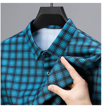 Peacock Teal Plaid Slim Fit Half Sleeve Stretch Shirt