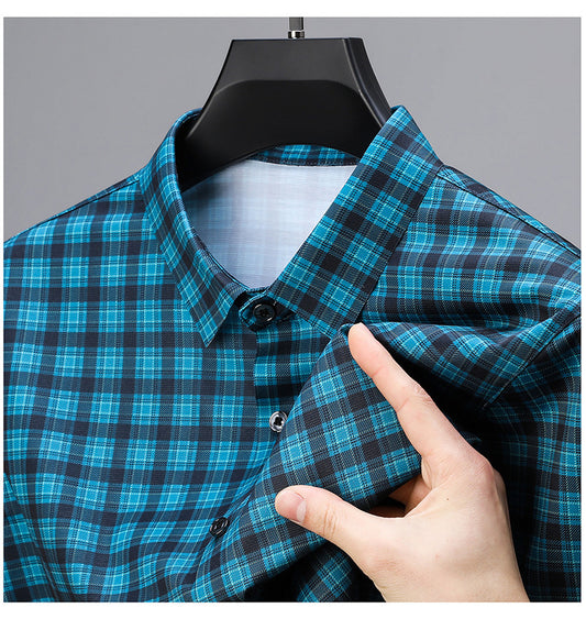 Peacock Teal Plaid Slim Fit Half Sleeve Stretch Shirt