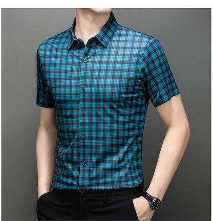 Peacock Teal Plaid Slim Fit Half Sleeve Stretch Shirt