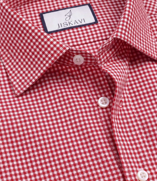 Crimson Red Micro Gingham Check Slim Fit Shirt