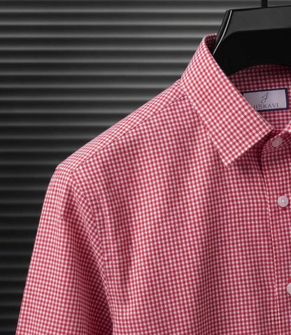 Crimson Red Micro Gingham Check Slim Fit Shirt