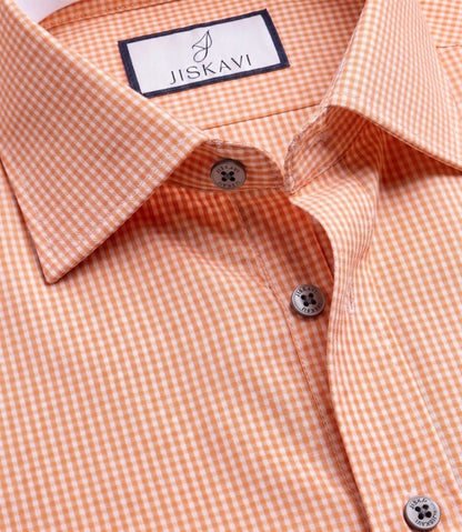 Peach Orange Micro Gingham Check Slim Fit Shirt