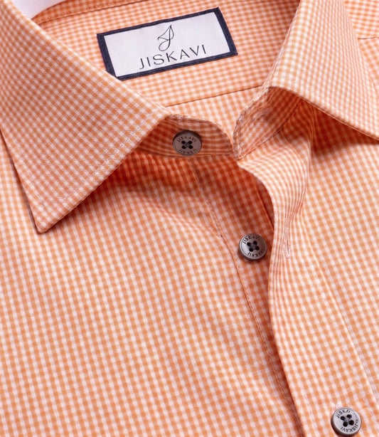 Peach Orange Micro Gingham Check Slim Fit Shirt