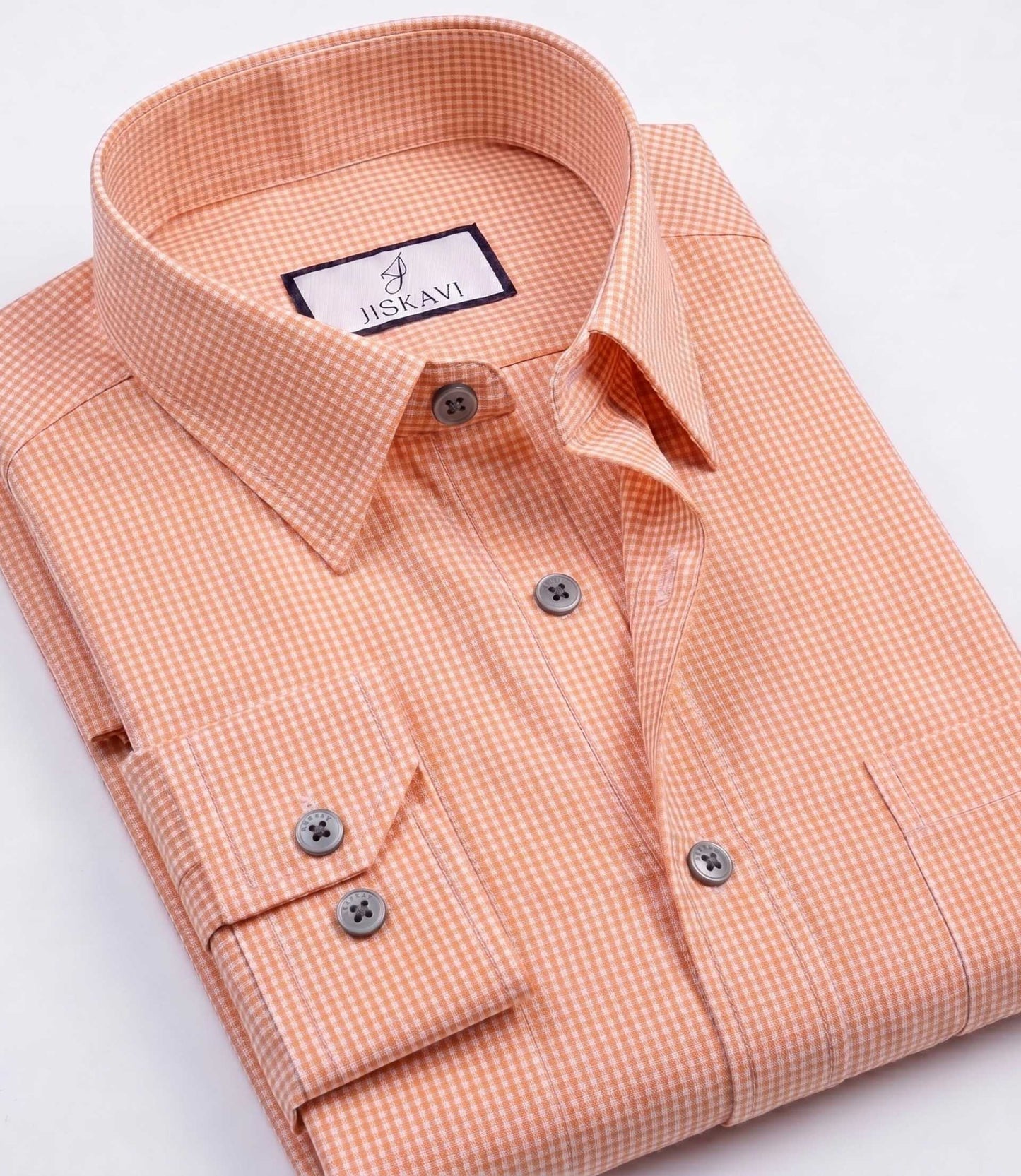 Peach Orange Micro Gingham Check Slim Fit Shirt