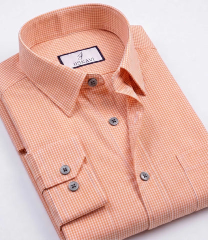 Peach Orange Micro Gingham Check Slim Fit Shirt