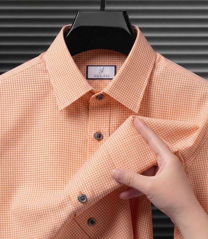 Peach Orange Micro Gingham Check Slim Fit Shirt