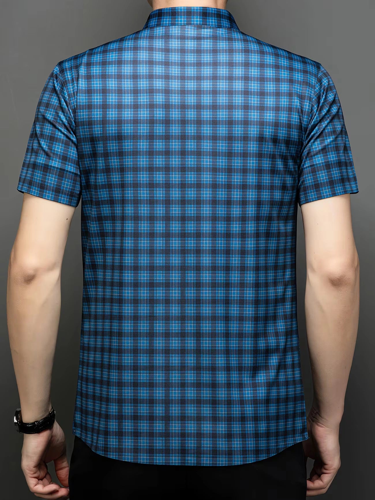 Jiskavi aegean blue heritage plaid half sleeve stretch shirt — back view
