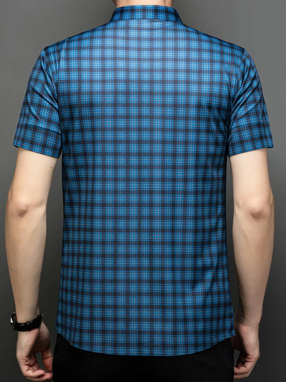 Jiskavi aegean blue heritage plaid half sleeve stretch shirt — back view