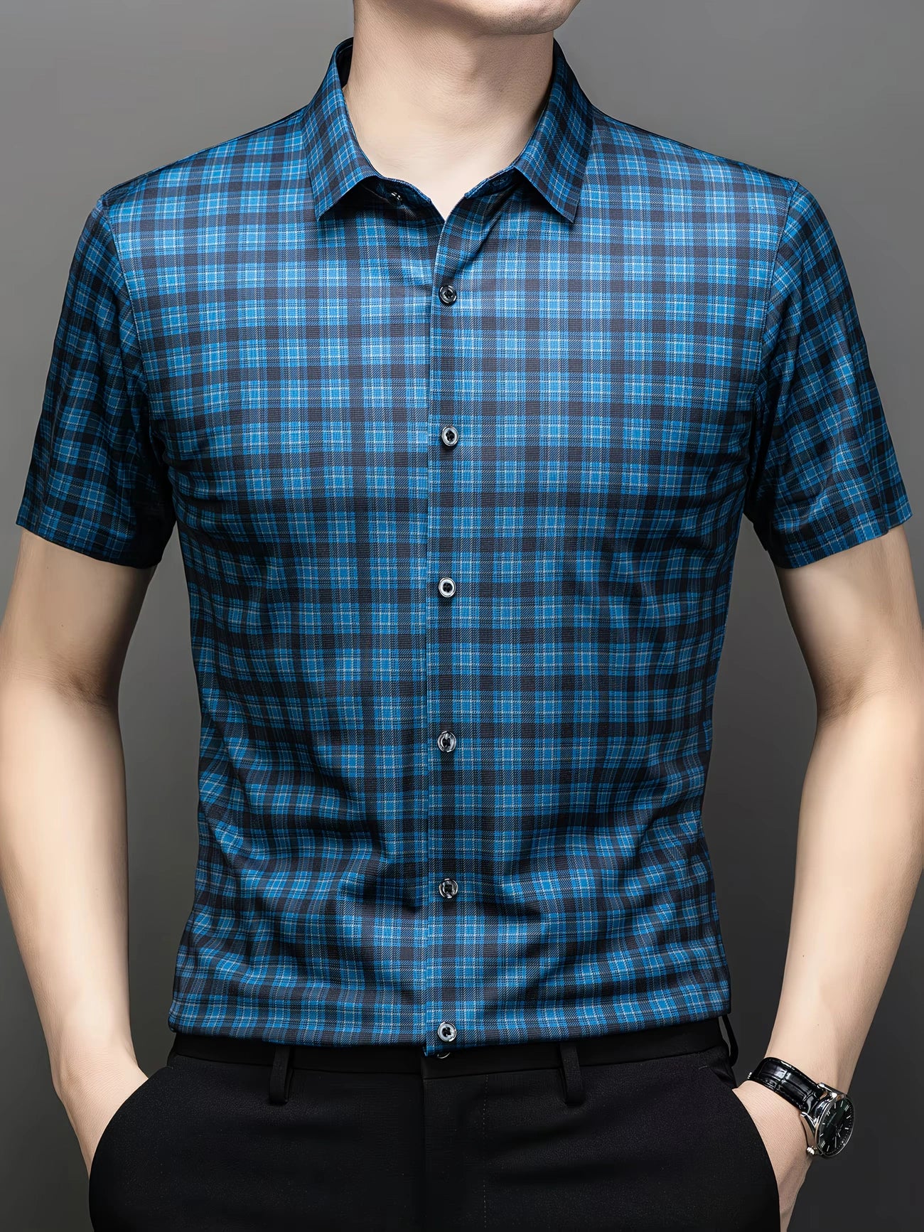 Jiskavi blue tartan plaid slim fit half sleeve men's shirt — full front view