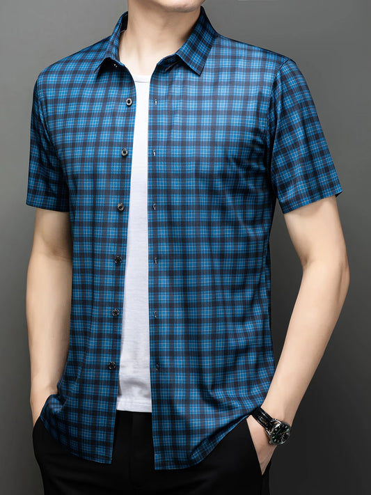 Jiskavi aegean blue heritage plaid slim fit half sleeve men's shirt — front view
