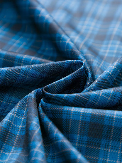 Jiskavi premium imported stretch cotton plaid fabric macro — cerulean blue charcoal check