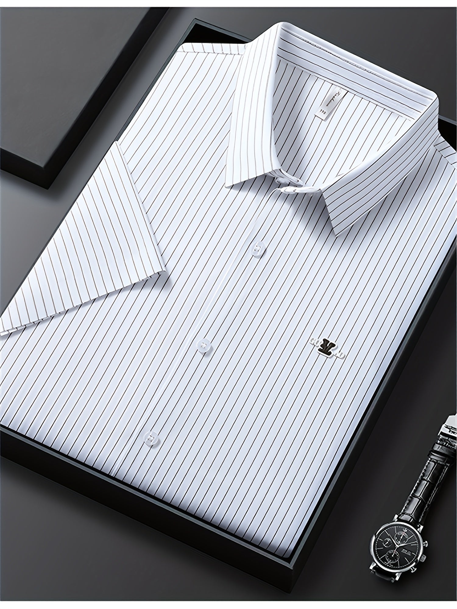 Jiskavi arctic white charcoal pinstripe half sleeve slim fit shirt — premium flat lay presentation in gift box