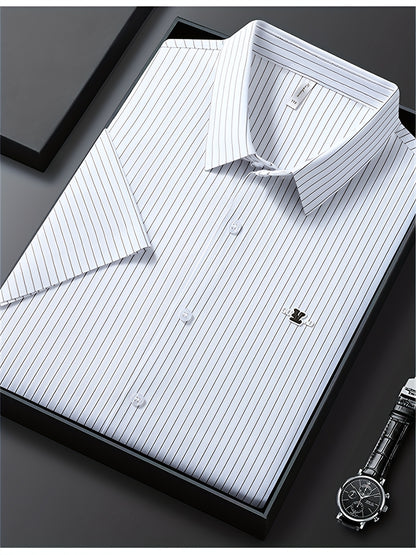Jiskavi arctic white charcoal pinstripe half sleeve slim fit shirt — premium flat lay presentation in gift box