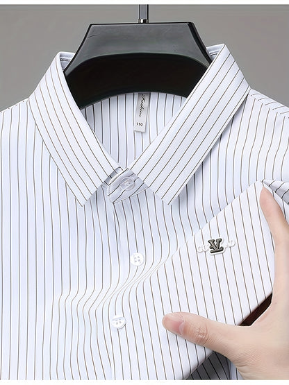Jiskavi arctic white charcoal pinstripe slim fit half sleeve shirt — metal chest badge and white button detail