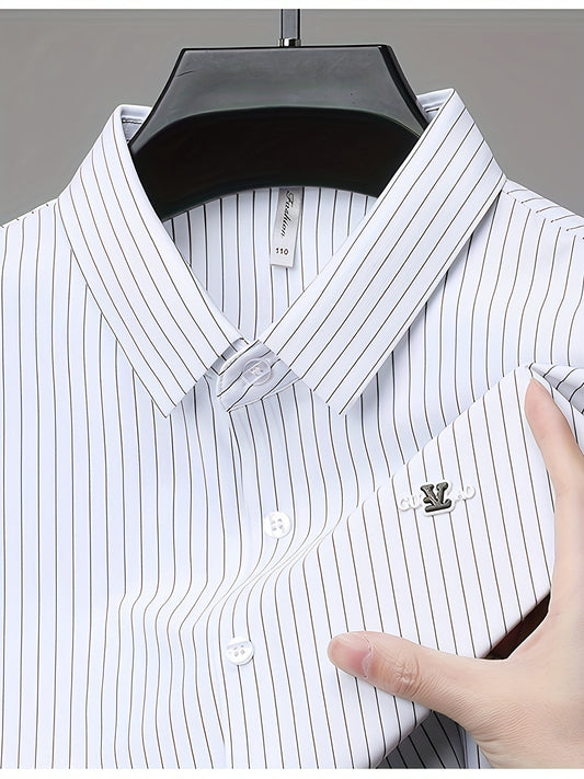Jiskavi arctic white charcoal pinstripe slim fit half sleeve shirt — metal chest badge and white button detail