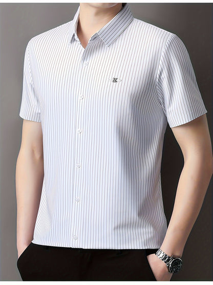 Jiskavi arctic white vertical stripe half sleeve slim fit shirt — clean fit view on model with black trousers