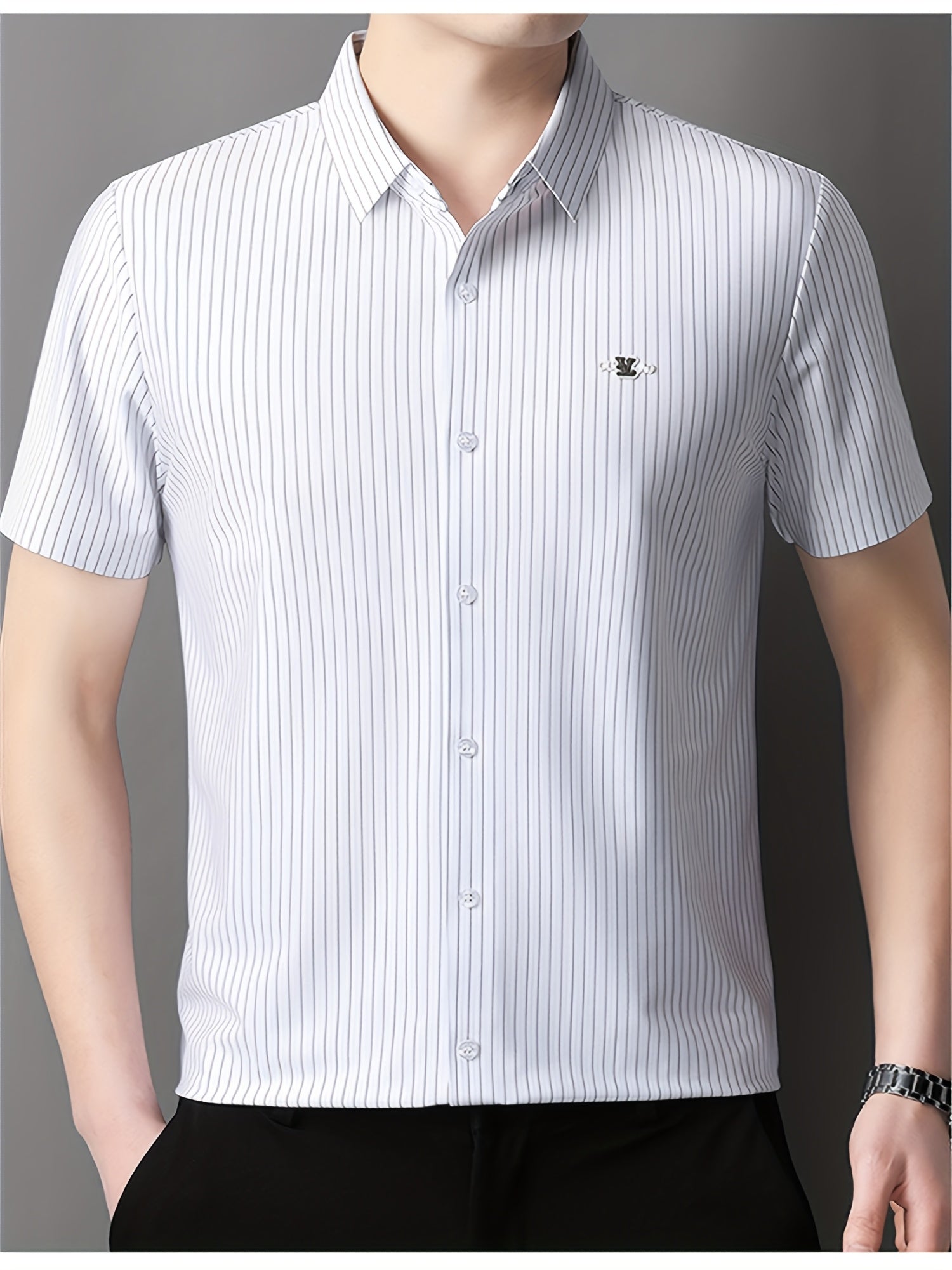 Jiskavi arctic white charcoal pinstripe slim fit half sleeve men's shirt — front view on model