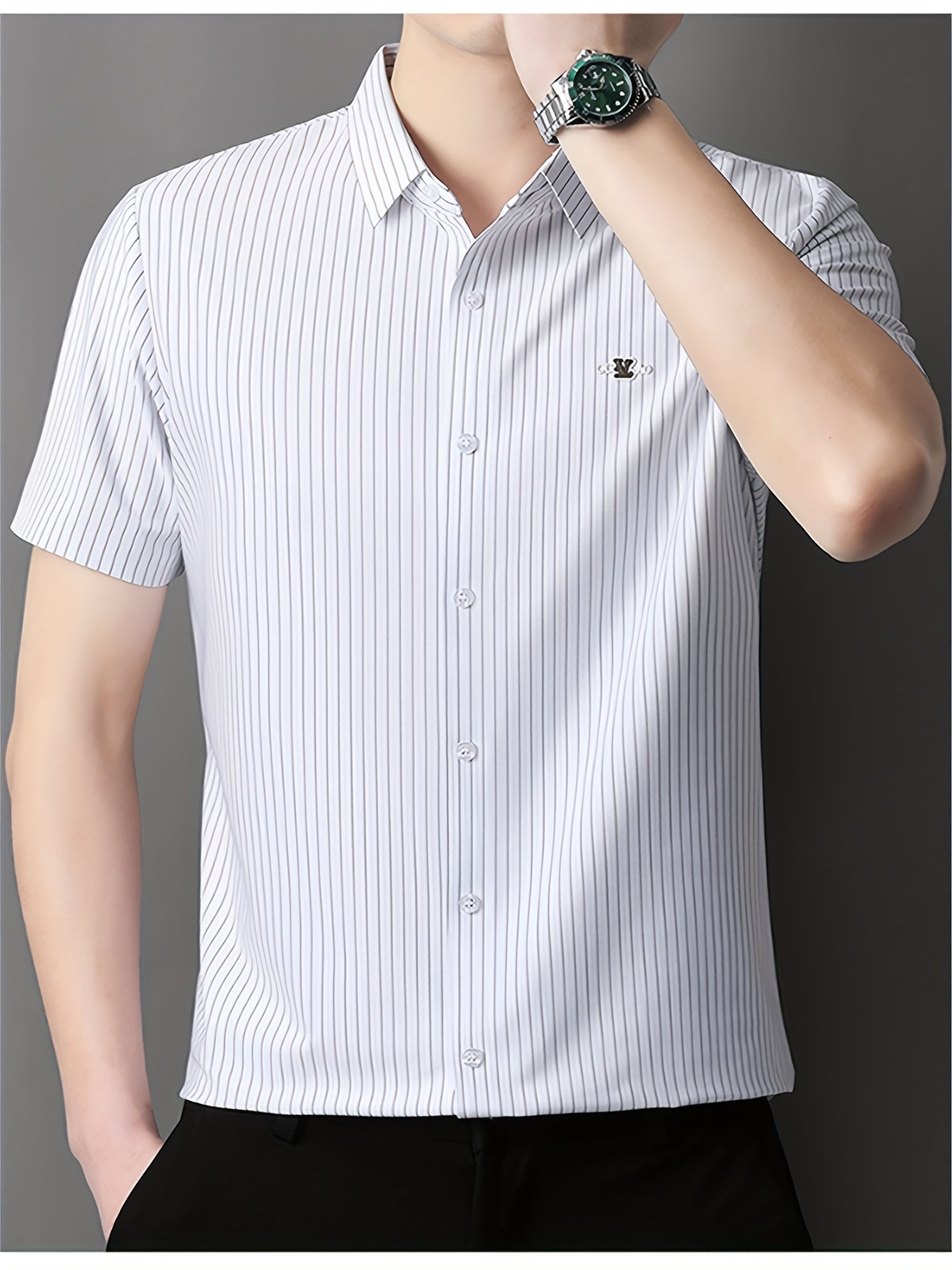 Jiskavi arctic white vertical pinstripe stretch cotton half sleeve slim fit shirt — lifestyle shot on model