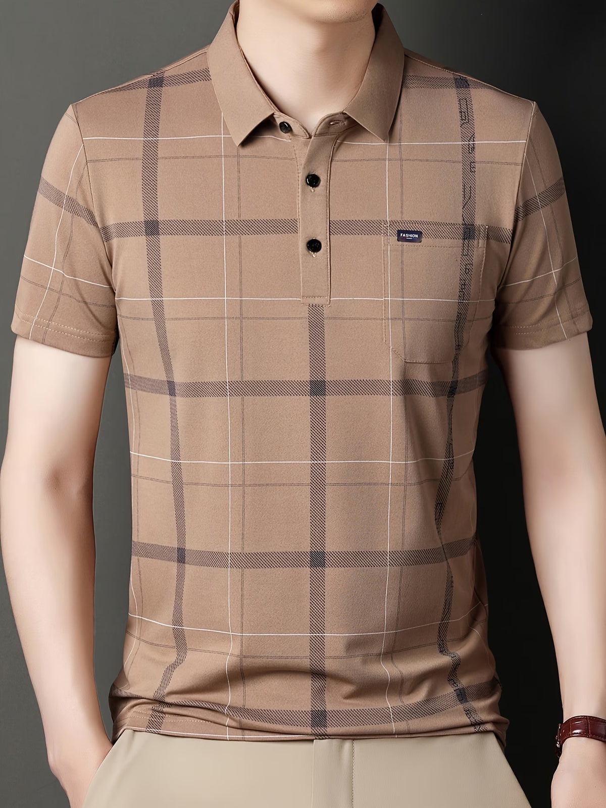 Jiskavi men's black beige abstract print polo T-shirt close-up