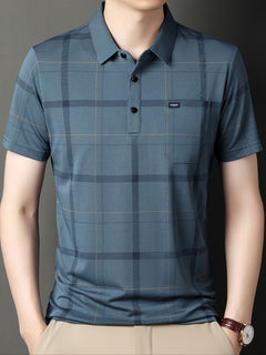 Jiskavi men's black grey abstract print polo T-shirt fabric detail