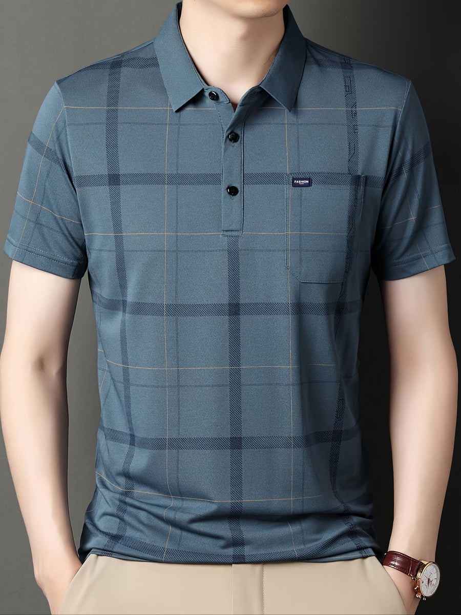 Jiskavi men's black grey abstract print polo T-shirt fabric detail