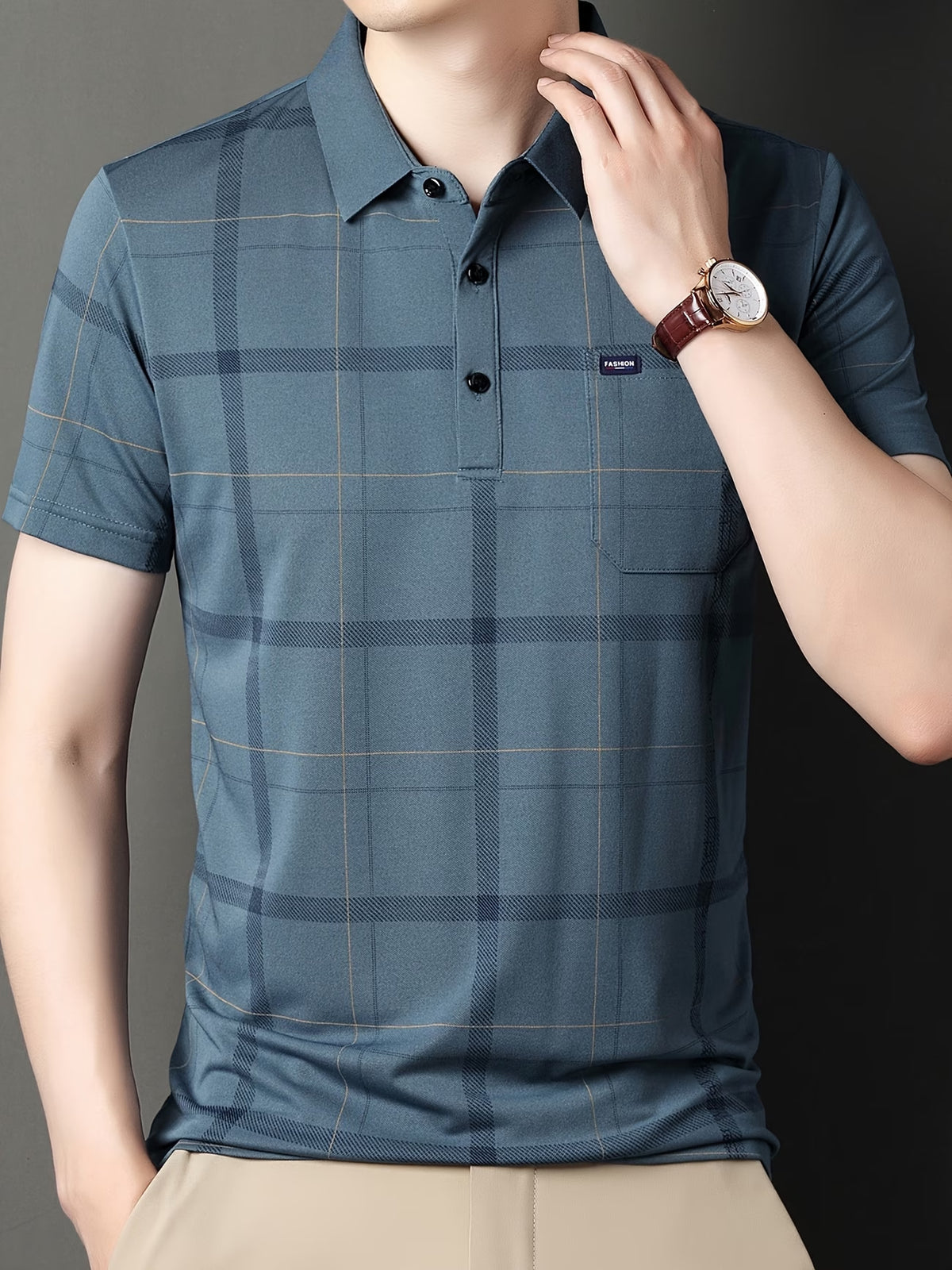 Jiskavi men's black grey abstract print polo T-shirt front view