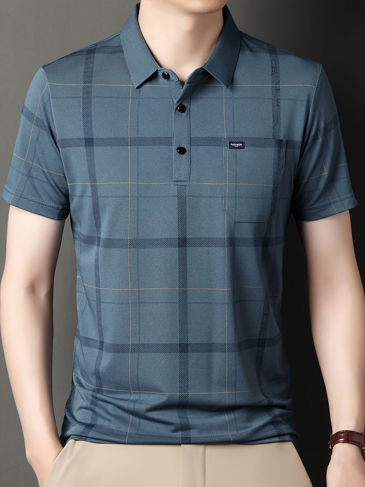 Jiskavi men's black grey abstract print polo T-shirt side view