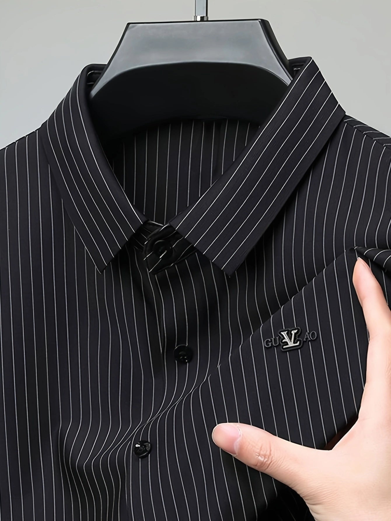 Jiskavi jet black pinstripe shirt — point collar with collar stays, metal chest badge and dark tonal buttons