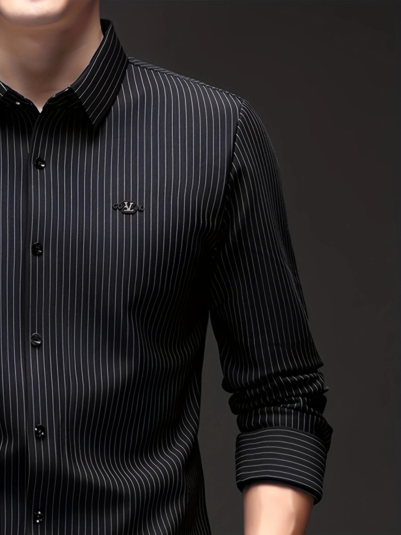 Jiskavi jet black pinstripe formal shirt — metal emblem badge on left chest clean front panel