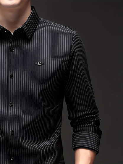 Jiskavi jet black pinstripe formal shirt — metal emblem badge on left chest clean front panel