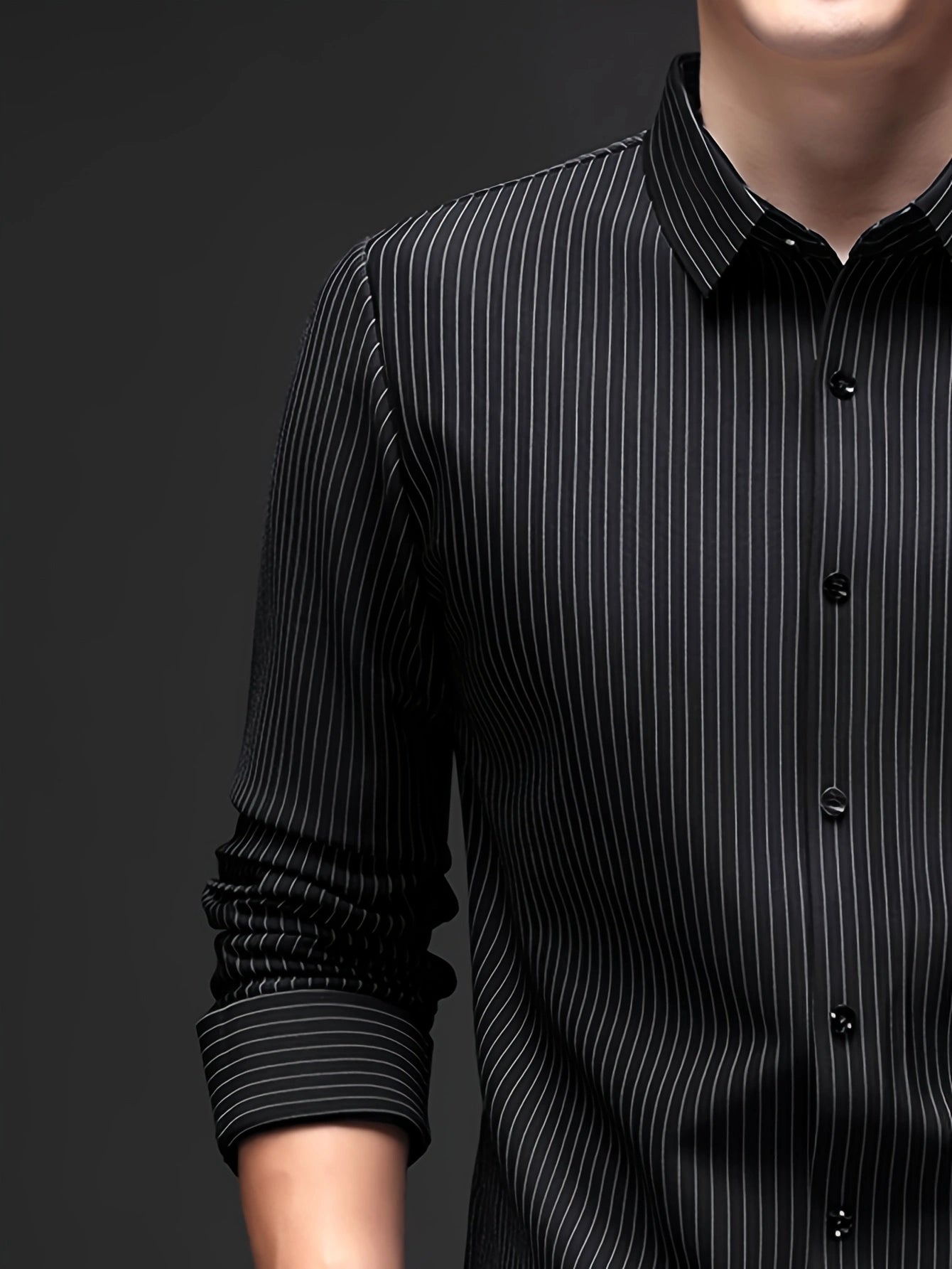 Jiskavi black pinstripe stretch shirt — single button barrel cuff rolled back detail