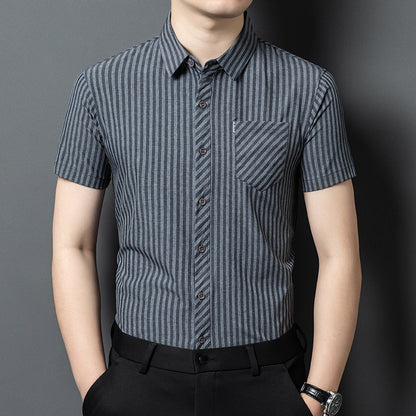 Jiskavi men's charcoal grey vertical stripe half sleeve shirt front view