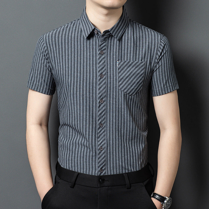 Grey Pinstripe Linen-Feel Short Sleeve Shirt