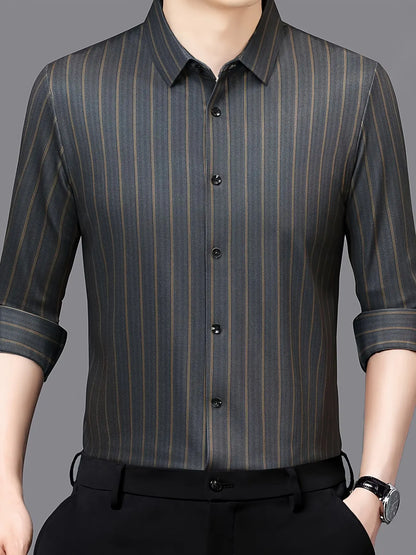 Jiskavi charcoal gold stripe herringbone slim fit full sleeve men's shirt — full front view
