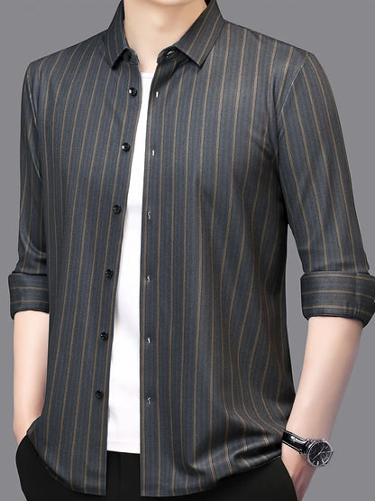 Jiskavi charcoal herringbone gold stripe shirt — single button barrel cuff rolled back detail
