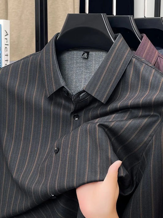 Jiskavi charcoal herringbone gold stripe shirt — point collar and herringbone weave fabric detail on hanger